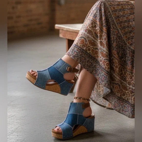 NIB Brand New In Box Very G Lala Denim Jean Patchwork Wedge Heels Sandals - Picture 4 of 5